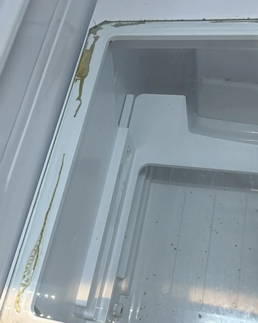 Corner of a fridge shelf with a dried spill along the edge and crumbs on the glass
