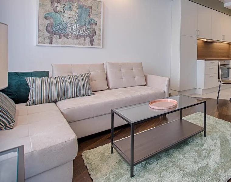 Light fabric sofa with cushions in a living room