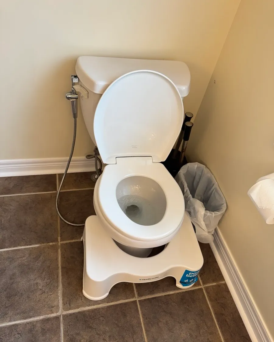 Toilet in the corner of a bathroom with a white step stool in front