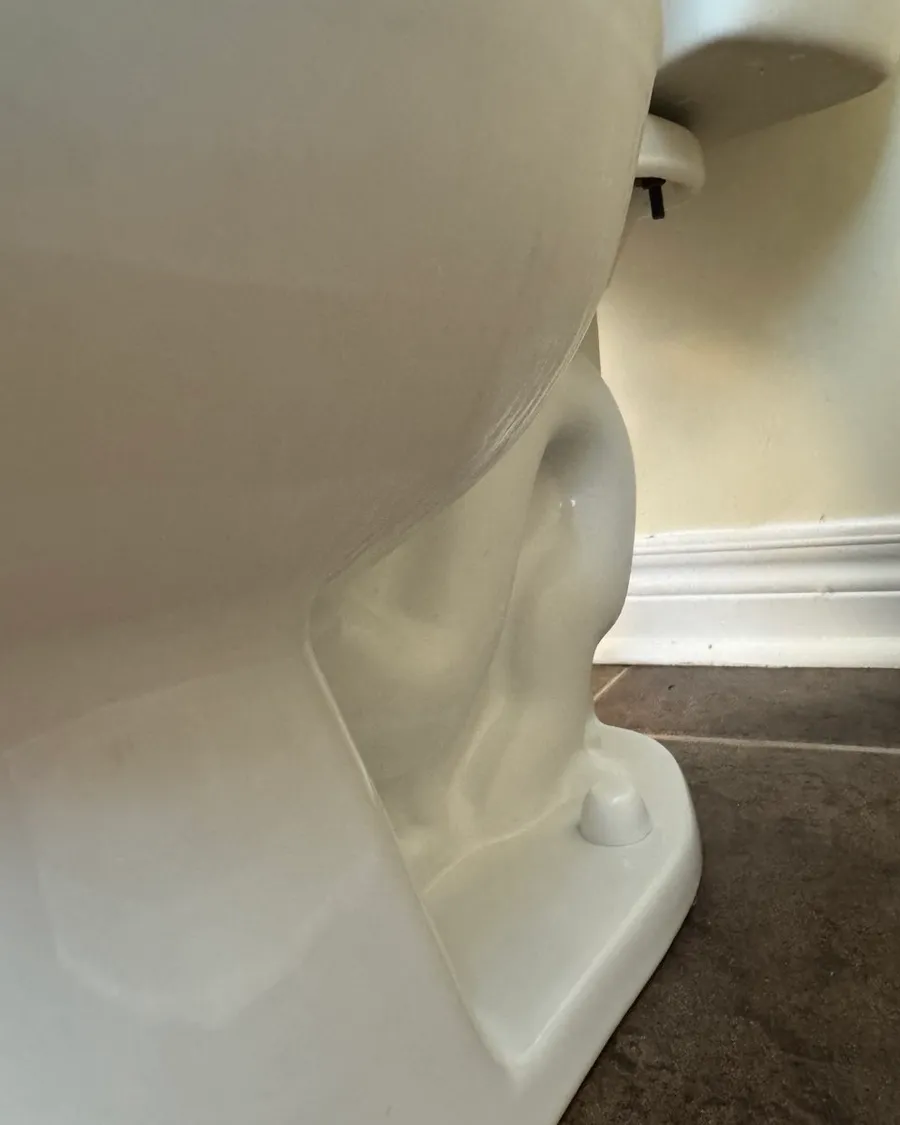 Side of a toilet base and the white baseboard behind it