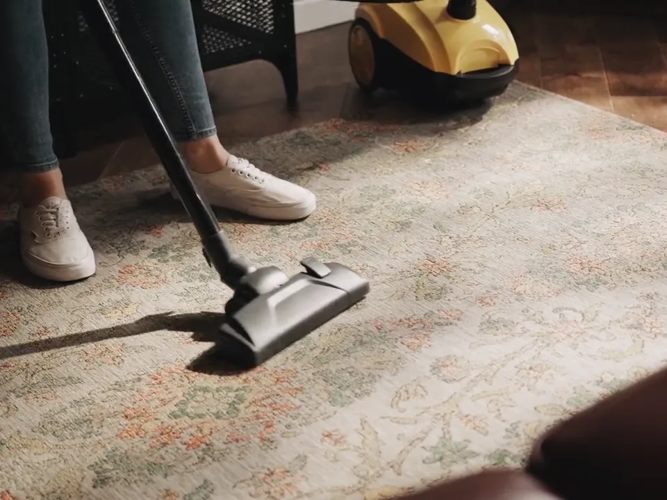 Vacuuming a patterned rug in a living room