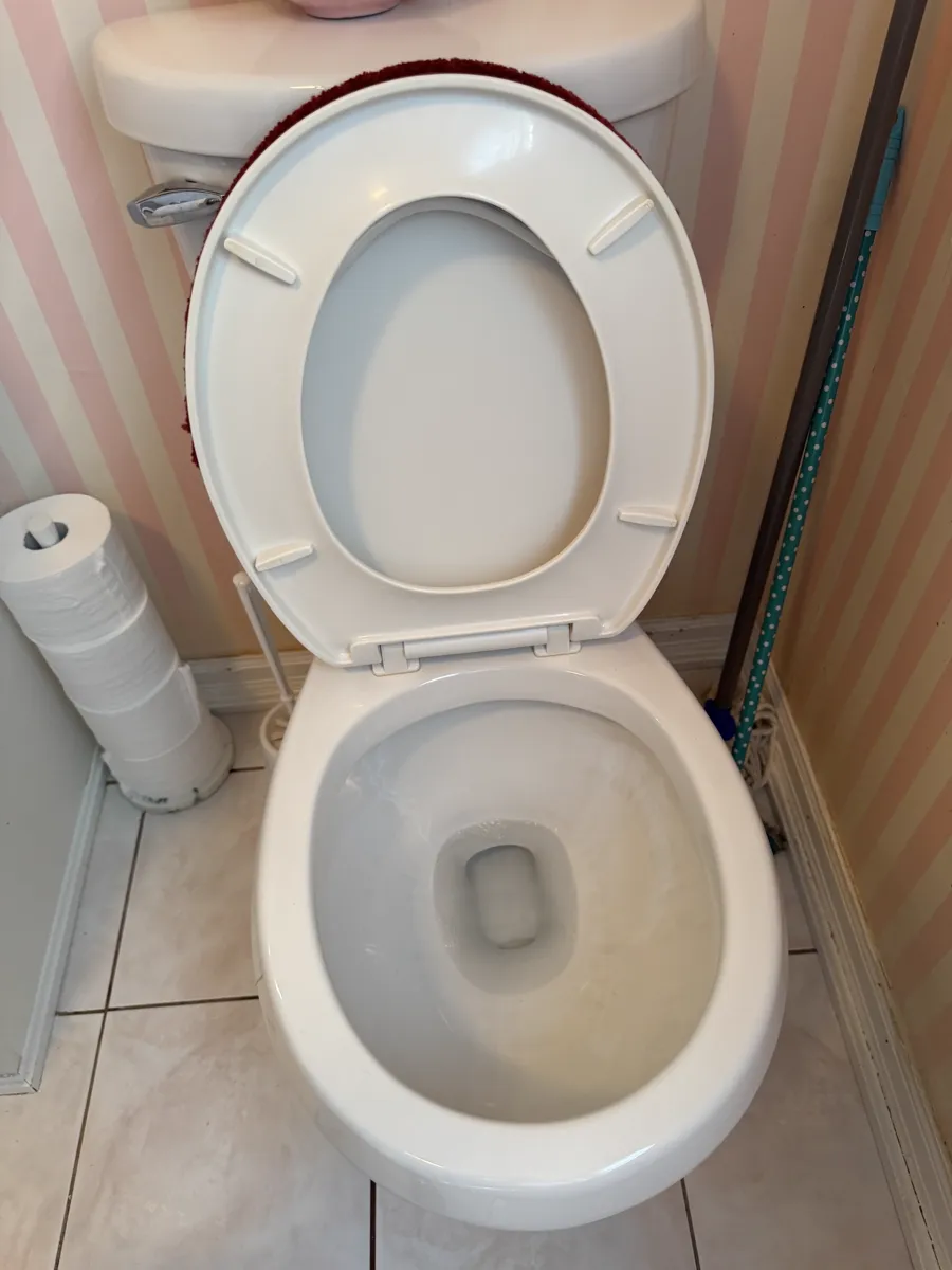 The same toilet with a clean white lid and bowl